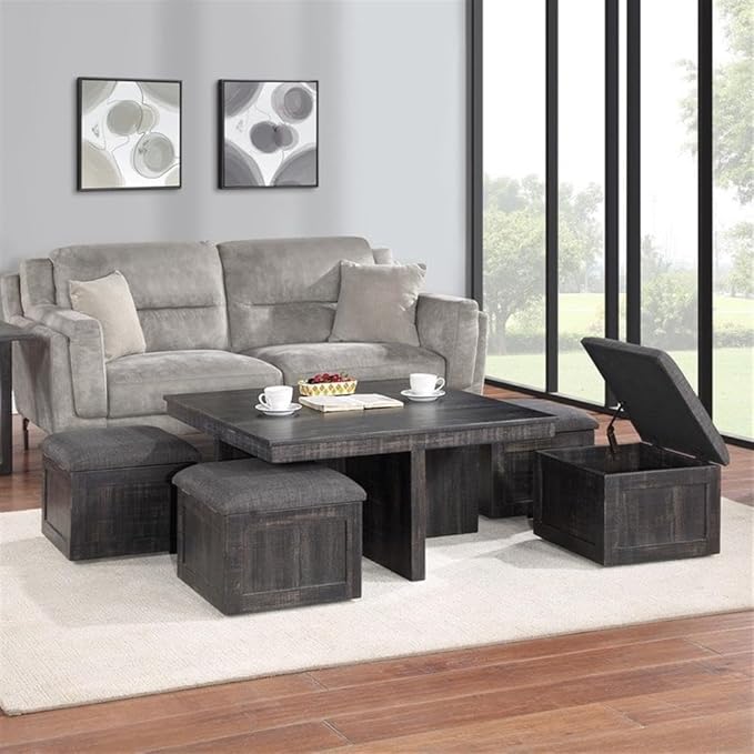 Lilola Home Moseberg 38" W Distressed Gray Oak Square Coffee Table with Faux Concrete Top – Industrial Modern Living Room Centerpiece with Storage Stools