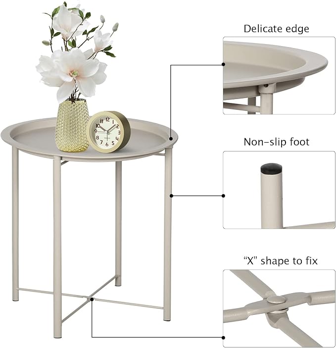 VECELO Side/End Table, Folding Round Metal Anti-Rust and Waterproof Outdoor or Indoor Tray for Living Room Bedroom Balcony and Office, 2 PCS, Grey - Image 8