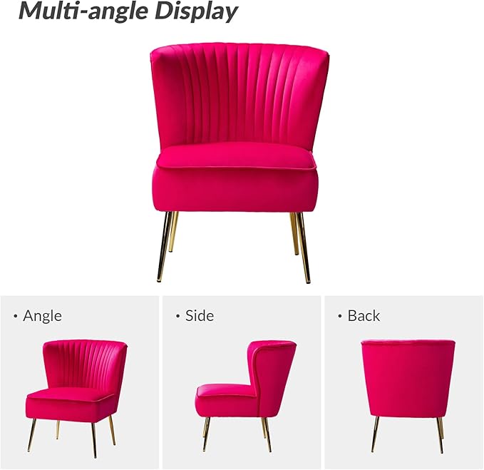 HULALA Home Velvet Accent Chair Set of 2, Modern Armless Upholstered Side Chair with Glam Gold Metal Legs for Vanity Living Room Bedroom - Fuchsia