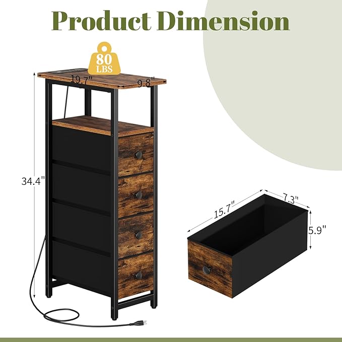 Yoobure LED Narrow Nightstand with Charging Station - Slim Dresser for Bedroom Narrow Side Table Storage Cabinet, Small Dressers Chest of Drawers, Tall Skinny Night Stand End Table for Small Spaces - Image 2