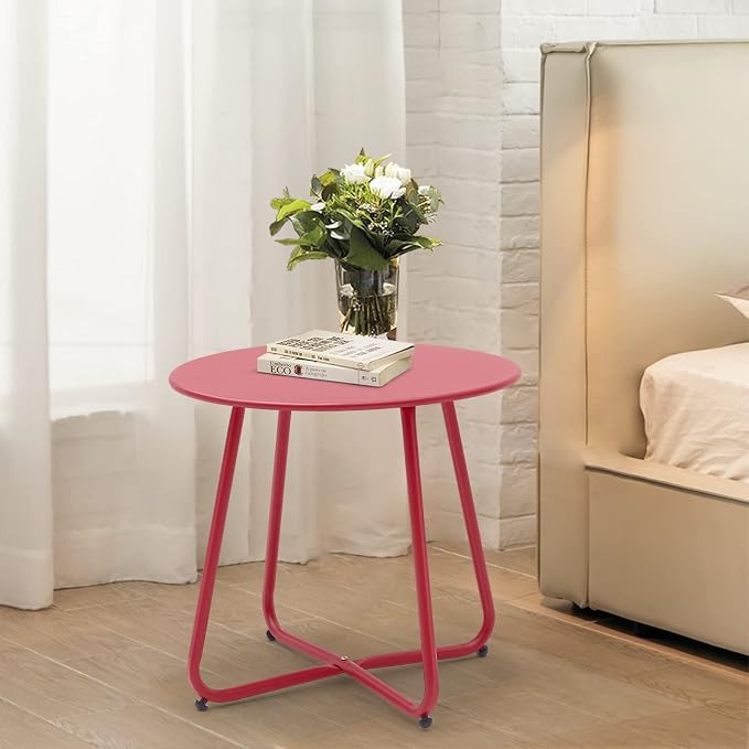 Meluvici Patio Small Side Table Waterproof Round Metal Steel Weather Resistant Portable Outdoor and Indoor End Table for Garden Balcony Yard, Red - Image 2