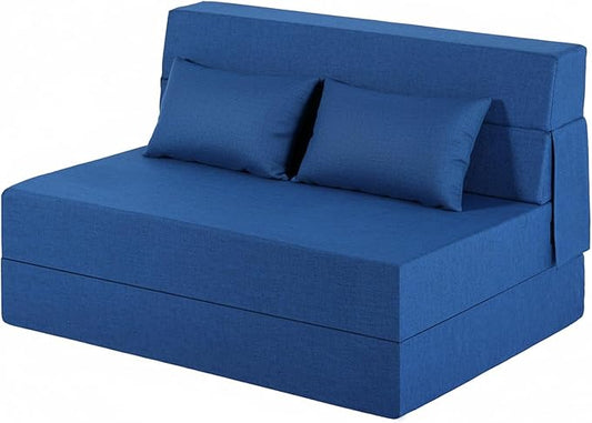 Folding Sofa Bed, Foldable Sleeper Chair with Pillow, Convertible Fold Out Chair Bed with Washable Cover, Foldable Mattress for Living Room, Bedroom, Guest Room, Standard Size, Blue