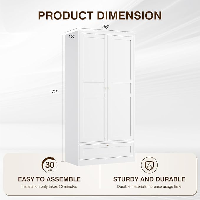 Steel Metal Wardrobe Armoire Closet with Drawer Clothing Locker Storage Cabinet 2 Door Closet Cabinet with Hanging Rod for Home Office Bedroom 72" X 36" X 18" White
