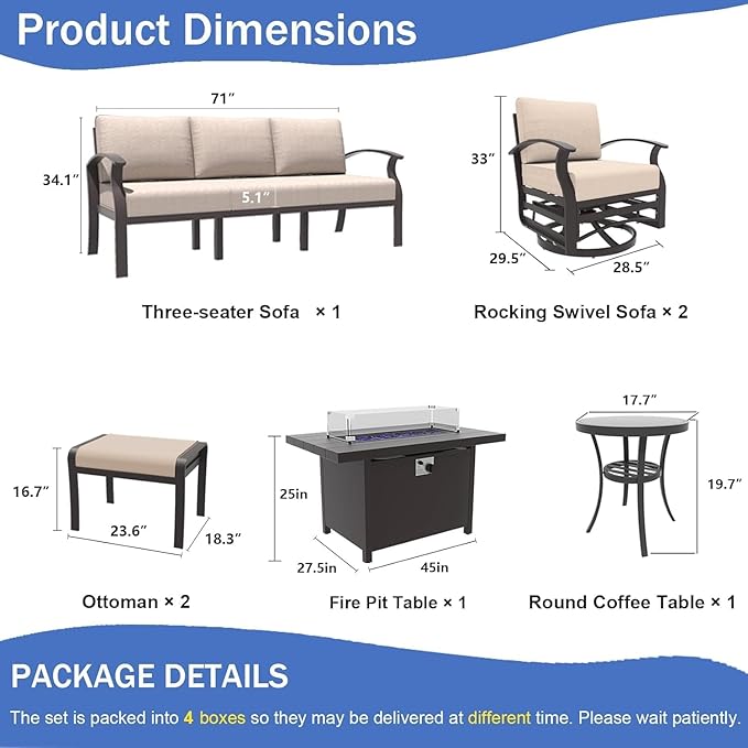 Aluminum Patio Furniture Set with Fire Pit Table, 7 Seats Outdoor Patio Conversation Sets with Swivel Chair Modern Metal Sectional Sofa with Upgrade Cushions for Patio, Backyard - Sand