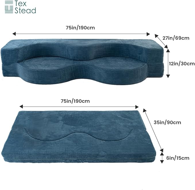 75" Folding Sofa Bed Convertible Futon, Twin Size Sleeper Couch, Washable Velvet Corduroy Cover & High-Density Foam, 2-in-1 Floor Mattress, No Assembly for Living Room/Dorm Blue