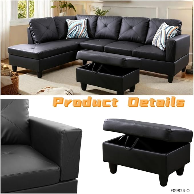 FONTOI L Shaped Sectional Couch with Otttoman, 97" Leather Sectional Sofa for Living Room Modular Couches with Cup Holders for Bedroom, Apartments, Black