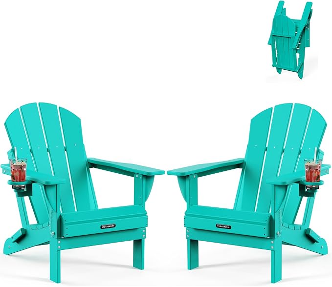 MUCHENGHY Folding Adirondack Chairs 2 Pack, Patio Chairs, Outdoor Chairs, Adirondack Chair Plastic, Fire Pit Chairs, Weather Resistant with Cup Holder for Deck, Backyard, Garden(Lake Blue) by MUCHENGHY