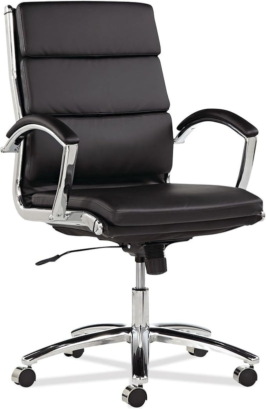 Alera Neratoli Series Mid-Back Swivel/Tilt Chair, Black Leather, Chrome Frame