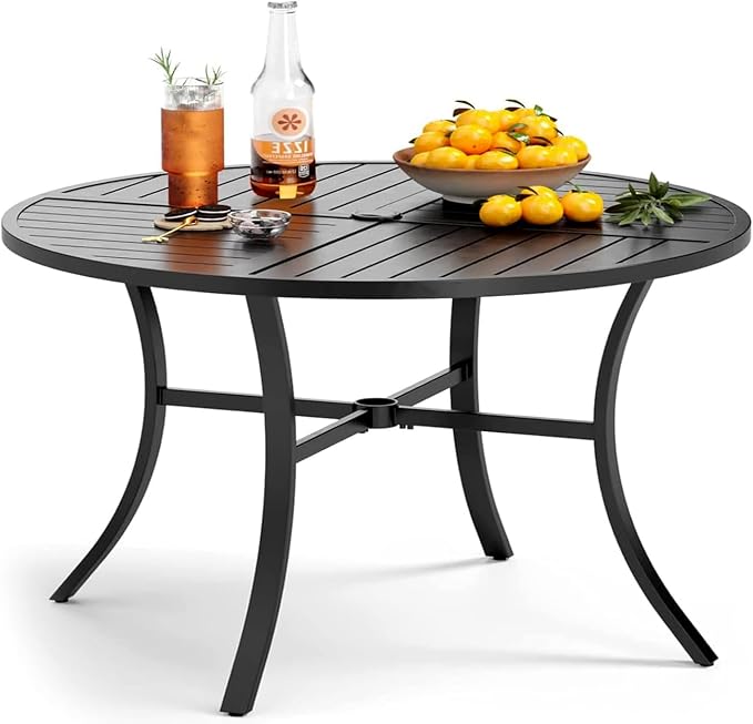PHI VILLA Outdoor Round Dining Table for 4, 42" Large Metal Wrought Iron Table with Umbrella Hole, All Weather Dining Furniture for Patio, Deck, Yard, Porch - Black by PHIVILLA