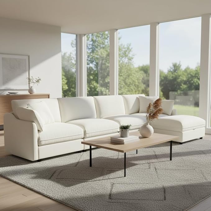 147" Cloud Sectional Couches for Living Room,L Shaped Oversized Modular Modern Linen Sofa with 1 Movable Ottoman,5 Deep Seat with 2 Throw Pillows,Warm White