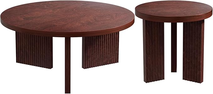 Nesting Coffee Table Set of 2, Modern Wooden Coffee Table with Smooth Thick Design, Circle Tea Table and End Table Set, Accent Center Tables for Living Room, Office, Burgundy