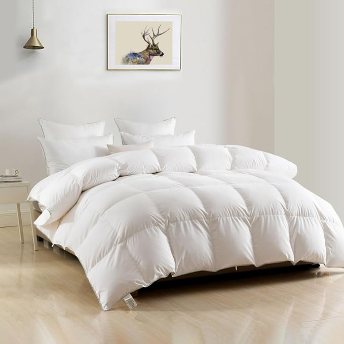 DWR Heavyweight Down Feather Fibers Comforter Spuer King, Ultra-Soft Cotton Blend Fabric, High Fill-Power Overfilled Winter Warm Hotel Duvet Insert for Cold Weather/Sleeper (120x120, White)