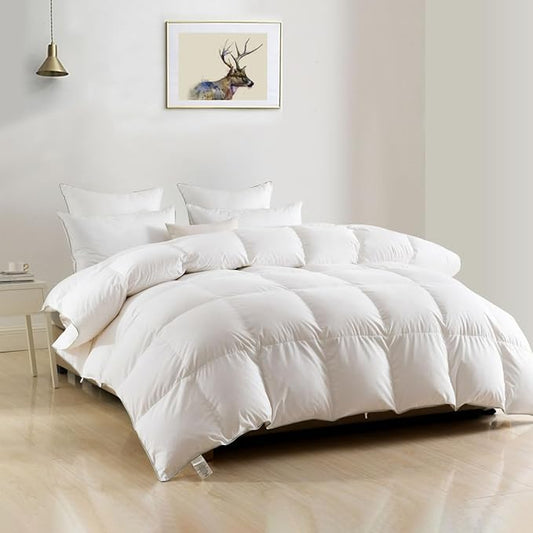 DWR Lightweight Down Feather Fibers Comforter Oversized Queen, Thin Duvet Insert with Ties, Ultra-Soft Cotton Blend, High Fill Power 39oz for Hot Sleepers/Warm Weather(98x98, White)