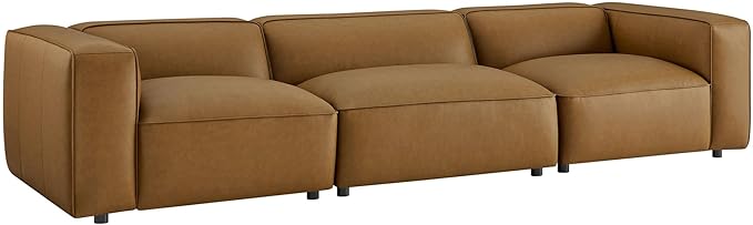 Modway Auren Vegan Leather 3 Piece Modular Sofa in Camel - Faux Leather 3 Seater Couch - Comfy Mid Century Modern PU Leather Sofa for Living Room, Apartment, Loft