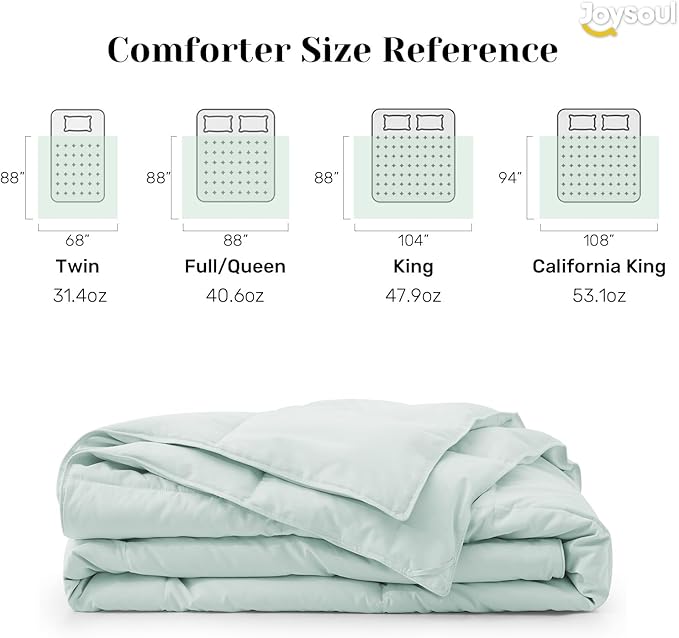 Joysoul Goose Feathers Fiber Comforter - Lightweight Ultra Soft Fabric Cover Breathable White Down Feather Fill, Light Green Queen Size Duvet Insert (88" X 88")
