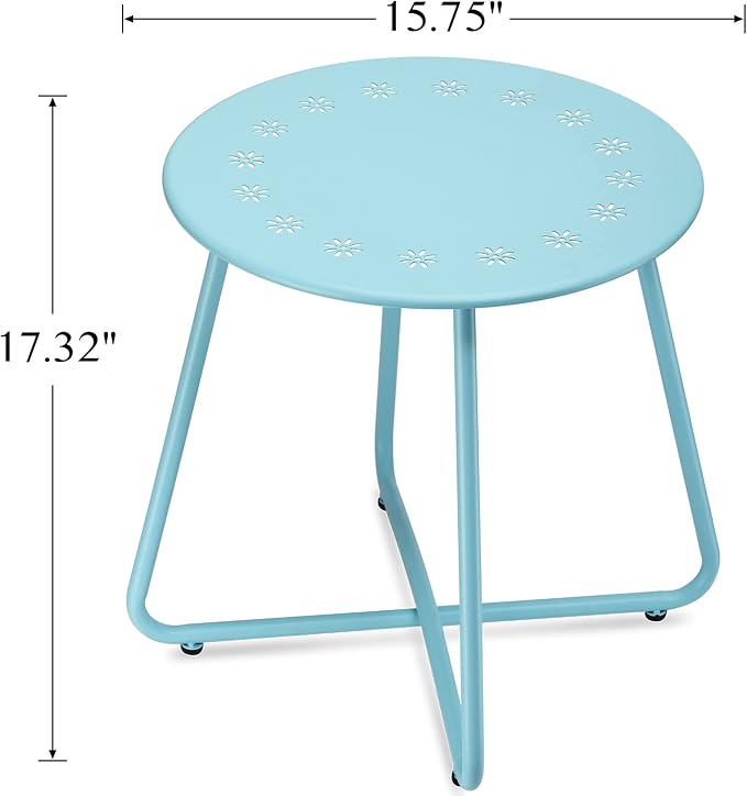 danpinera Outdoor Side Tables with Flower Cut Outs, Weather Resistant Steel Patio Side Table, Small Round Outdoor End Table Metal Side Table for Patio Yard Balcony Garden Blue - Image 3