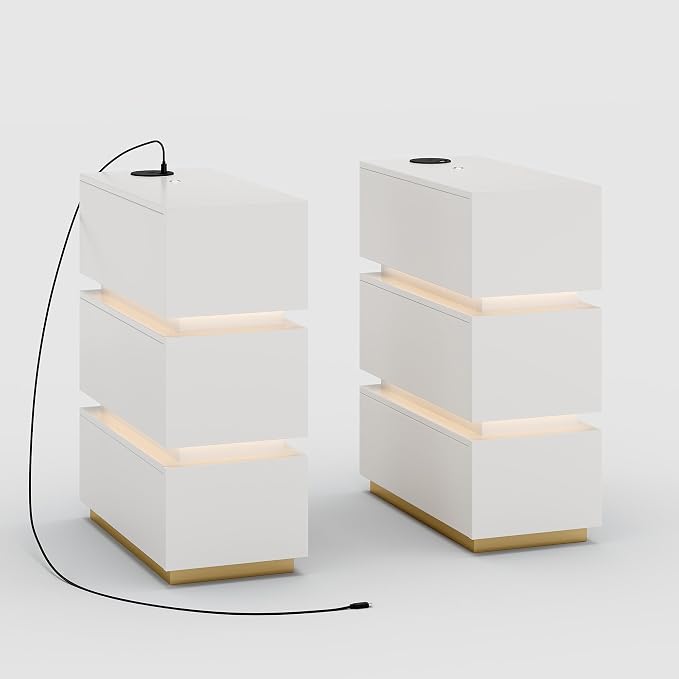 homary Narrow Smart Nightstand with Wireless Charging, USB & Type-C Ports, Modern LED Bedside Table with 3 Drawers, White Nightstand with Storage for Bedroom - Image 8
