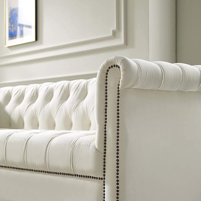 Modway Heritage Tufted Performance Velvet Upholstered Chesterfield Sofa with Nailhead Trim in Ivory