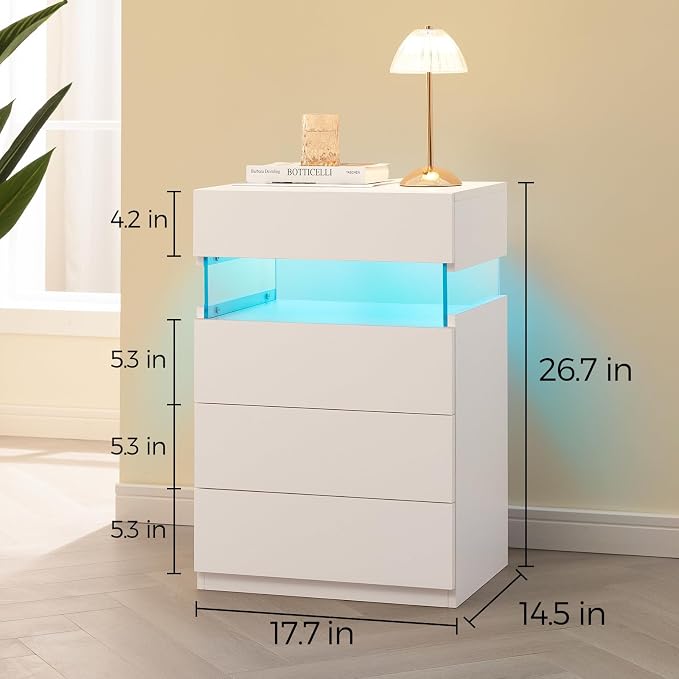 Bingoday White LED Nightstands Set of 2,Modern Night Stand with 4 Drawers,Tall Nightstand,Large Capacity,Multi-Color LED Lights,End Side Table for Bedroom - Image 2