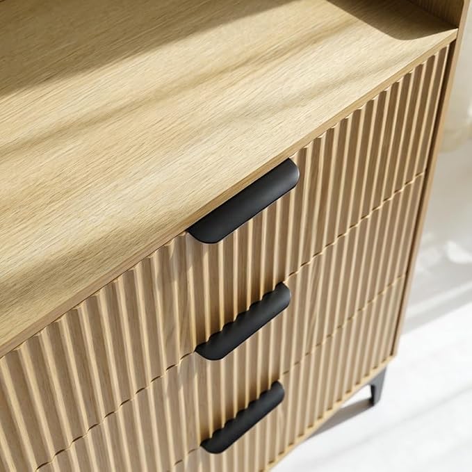 Modern Fluted Wood 3-Drawer Tall Nightstand, 30'' High Bedside Table for King or Queen Beds, Narrow Storage Cabinet for Bedroom or Living Room, Black (Natural) - Image 6