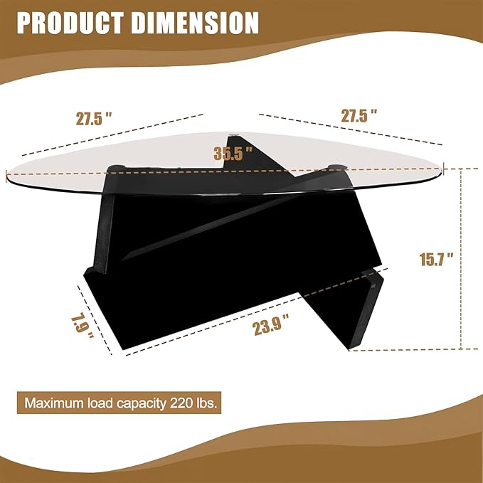 Modern Mid Century Triangle Glass Coffee Table Black Center Table with Tempered Glass Top Unique Natural Wood Tea Table for Living Room 35.5'' x 27.5'' x 15.7'' for Small Spaces, Rustic