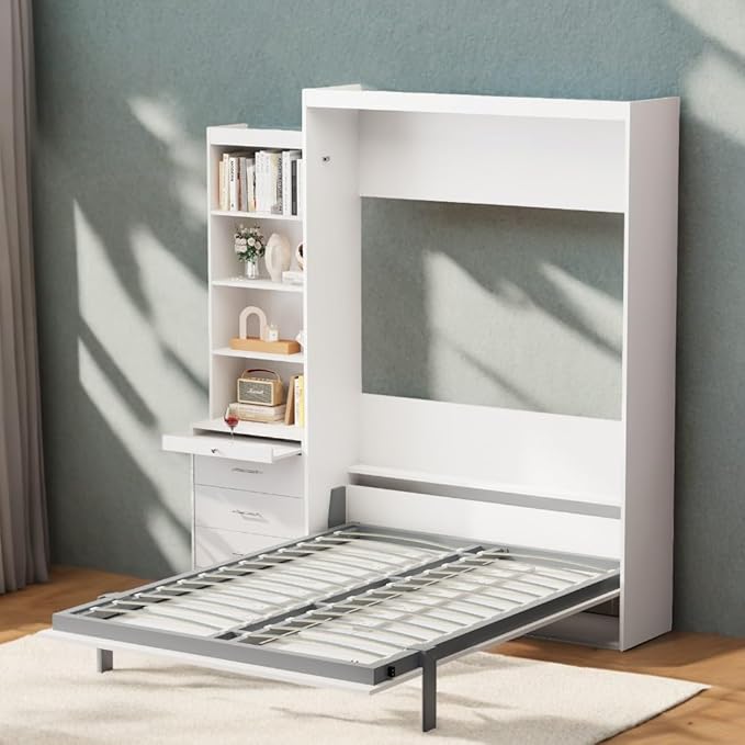 Full Size Murphy Bed Cabinet with Shelf and Drawers, Plywood Hidden Beds,Wall Bedframe for Bedroom,Space-Saving, Noise Free, White