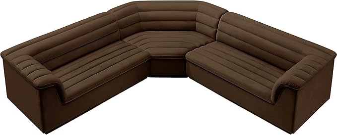 Meridian Furniture 194Brown-Sectional Cascade Collection Modern | Contemporary Modular Sectional with Soft Brown Velvet Fabric, Deep Channel Tufting, Curved Arms, 148" W x 80" D x 28" H, Brown