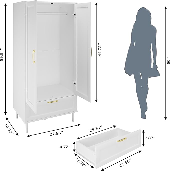 Gyger Wardrobe Closet with Drawer, Armoires and Wardrobes with Shelves and Hanging Rail,Freestanding Wooden Wardrobe Cabinet for Bedroom,White