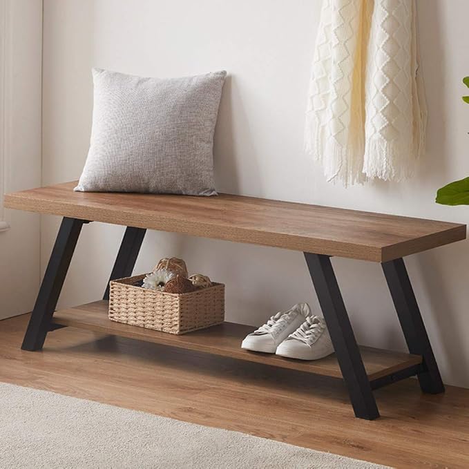 LVB Industrial Entryway Bench, Wood and Metal Storage Bench for Living Dining Room, Farmhouse Indoor Entry Way Shoe Benches Seat, Rustic Oak, 47 Inch Long by LVB