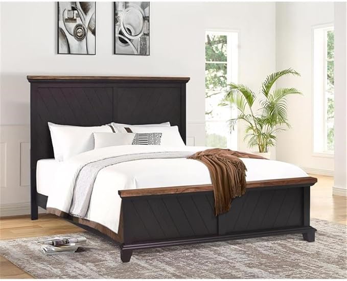 BOWERY HILL King Farmhouse 5-Piece Bedroom Set, Chocolate and Honey Brown Finish, Acacia Wood and MDF, Chevron Pattern Bed, Mirror, Dresser, 2 Nightstands, Rustic Style for Master Bedroom Decor