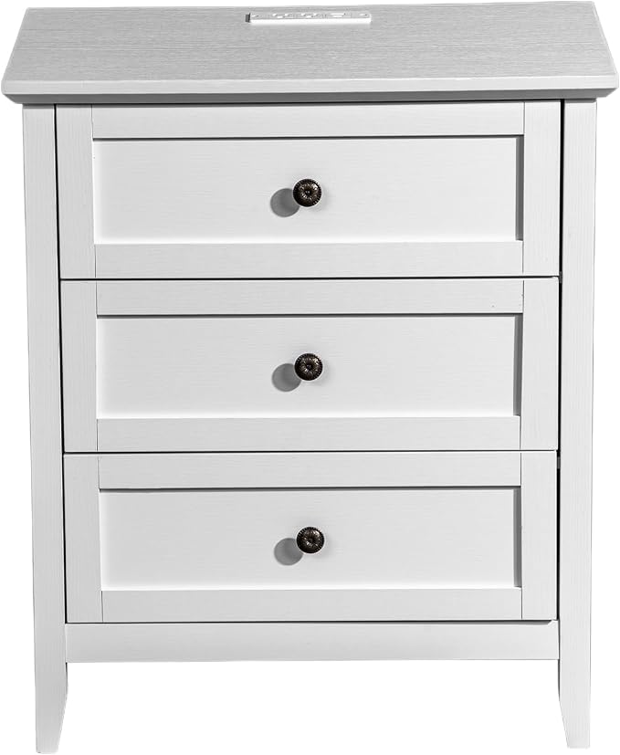 Karl home Farmhouse Nightstand with Charging Station, Wide End Table with 3 Large Drawers & Mental Handles, Wood Small Side Table of Drawers for Bedroom, Closet, White - Image 4