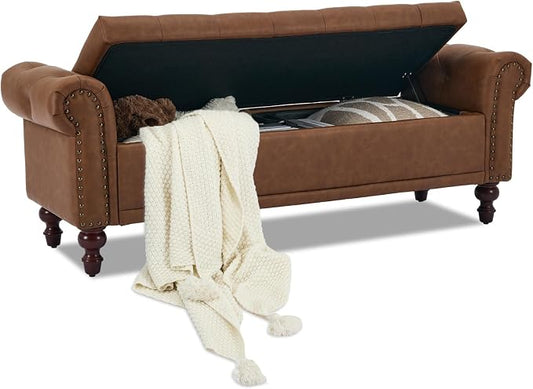 SOFTHION 58.1" Storage Bench Upholstered PU Leather End of Bedroom Bed Bench Ottoman with Tufted Cushioned Rolled Arm Large Storage Space for Reading Living Room Entryway, Brown by SofthionDesign