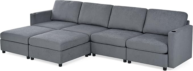 ERYE Oversized Chenille Upholstered Modular Storage Sectional Sofa Couch W/2 Movable Ottomans & Cupholders, U-Shaped Free Combined Sofa Couch Convertible Sleeper Sofabed for Living Room Apartment