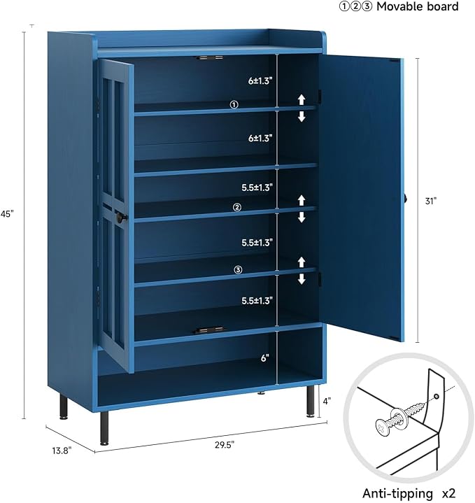 ComfyCorner Blue 7+1 Tier Farmhouse Shoe Storage Cabinet - 45" Tall Entryway Organizer with Cross Molding Doors, 3 Adjustable Shelves & Metal Legs, Shoe Rack for Front Door Entrance - Image 2