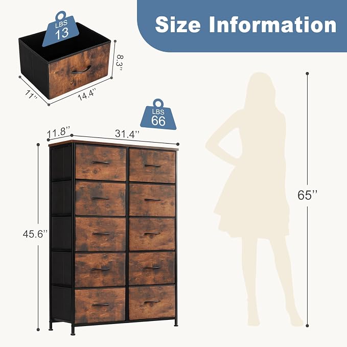 DUMOS Dresser for Bedroom, 10 Storage Drawers, Wide Fabric Closet Chests Organizer Tower Furniture with Wooden Top Metal Frame for Clothes, Guest Room, Living Room, Hallway, Entryway - Image 3