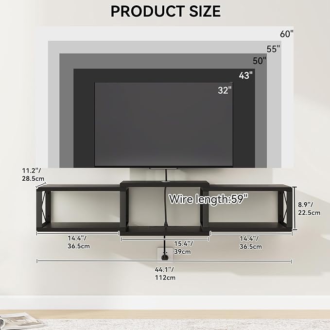 IBUYKE Floating TV Stand with Power Outlet,Wall-Mounted Floating Stand for TVs up to 55",Metal Wall Entertainment Center,Wall Mounted TV Shelf with Storage for Living Room Bedroom,Black UWST011B - Image 4