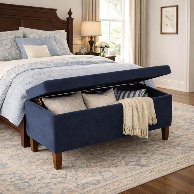 HomePop Large Upholstered Rectangular Storage Ottoman Bench with Hinged Lid, Navy - Image 4