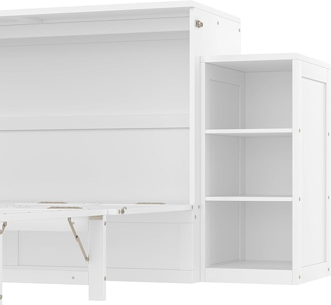 Bellemave Queen Size Murphy Bed, Cabinet Bed with 2 Shelves and Storage Drawers, Farmhouse Murphy Cabinet, Noisy Free, for Guest Bedroom, Living Room, Office, White