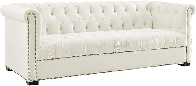 Modway Heritage Tufted Performance Velvet Upholstered Chesterfield Sofa with Nailhead Trim in Ivory