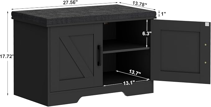 HOMSHO 2-Tier Storage Bench, 27.6" Wide Shoe Bench with Padded Seat Cushion, Entryway Bench with 2 Barn Doors and Adjustable Shelf, Black - Image 3