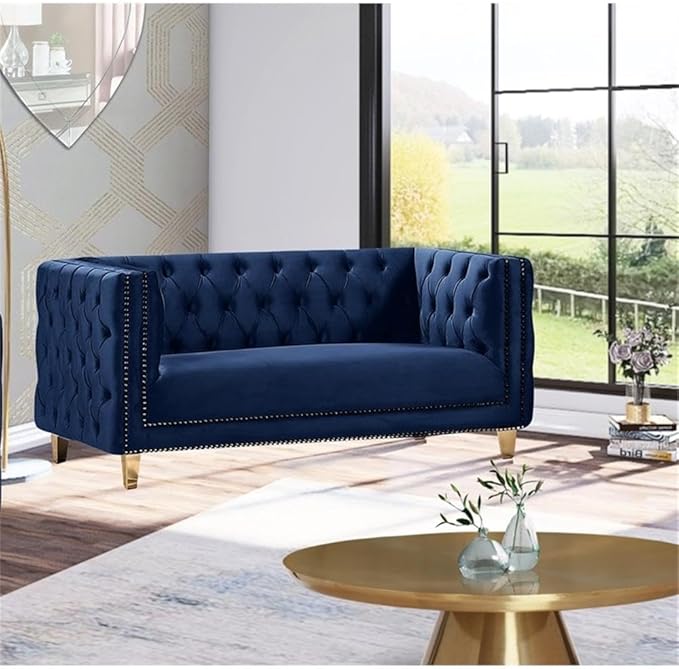 Meridian Furniture 652Navy-L Michelle Collection Modern | Contemporary Loveseat with Deep Button Tufting, Gold Nailhead Trim and Sturdy Gold Iron Legs, Navy Velvet, 66" W x 34" D x 30" H