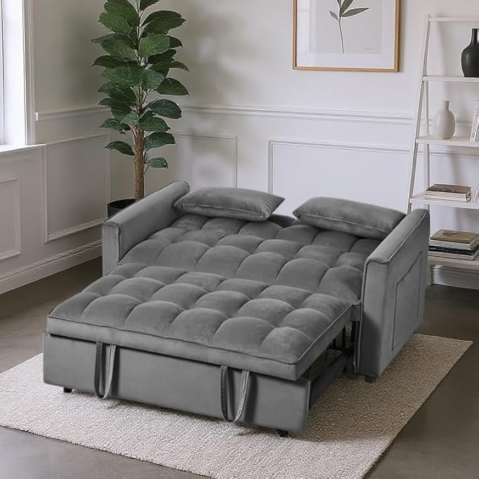 3 in 1 Convertible Sleeper Sofa Bed, Pull Out Couch Loveseat Futon, Adjustable Backrest Velvet Sofa with Pillows and Side Pockets for Living Room Apartment, Dark Grey