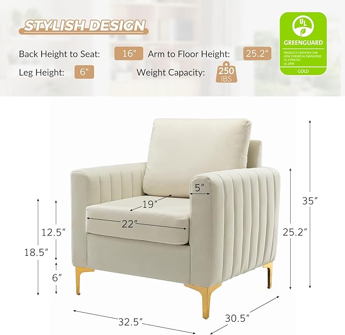 HULALA HOME Velvet Accent Club Chair, Modern Velvet Armchair Upholstered Accent Club Sofa Chair with Gold Metal Legs Mid-Century Barrel Leisure Comfy Reading Armchair, Ivory