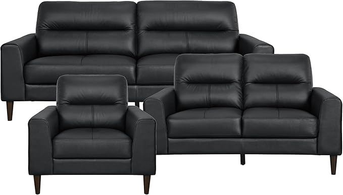 Lexicon 3 Piece Living Room Furniture Sets,Top Grain Leather Match Living Room Sofa Set, Track Arms, Solid Wood Legs, Comfy Couches Including Chair, Loveseat & Sofa, 3 Pieces, Black