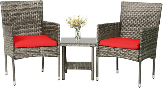 PayLessHere Set of 3 Outdoor Furniture Set Patio Furniture Set Gray Conversation Set with 2 Rattan Chairs Glass Coffee Table for Coffee Bar Poolside Patio Outdoor, Red Cushions