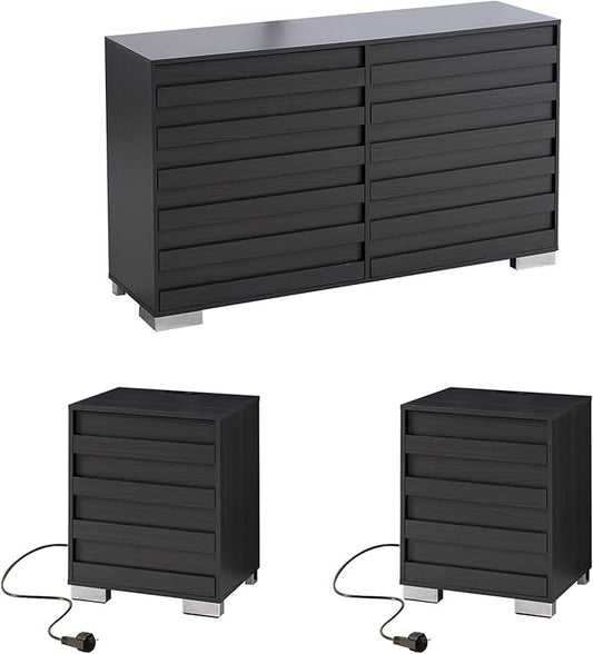 LUXOAK 3 Pcs Bedroom Furniture Set - Includes Farmhouse 6 Drawer Dresser and Nightstand Sets of 2 with Charging Station, Slated Handles & Stainless Steel Feet, Black