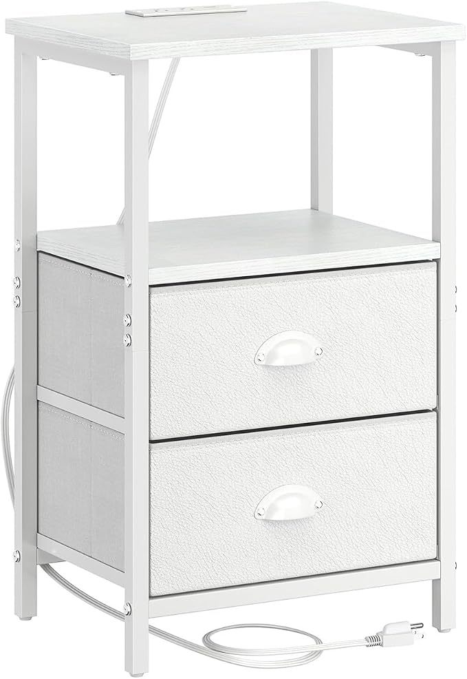 sthmec Nightstand with Charging Station, LED Night Stand Set 2, Bedside Table End Tables Set of 2, Bedroom Tables with 2 Fabric Drawers PU Finish, 3-Tier Storage Side Table for Bedroom,White - Image 8