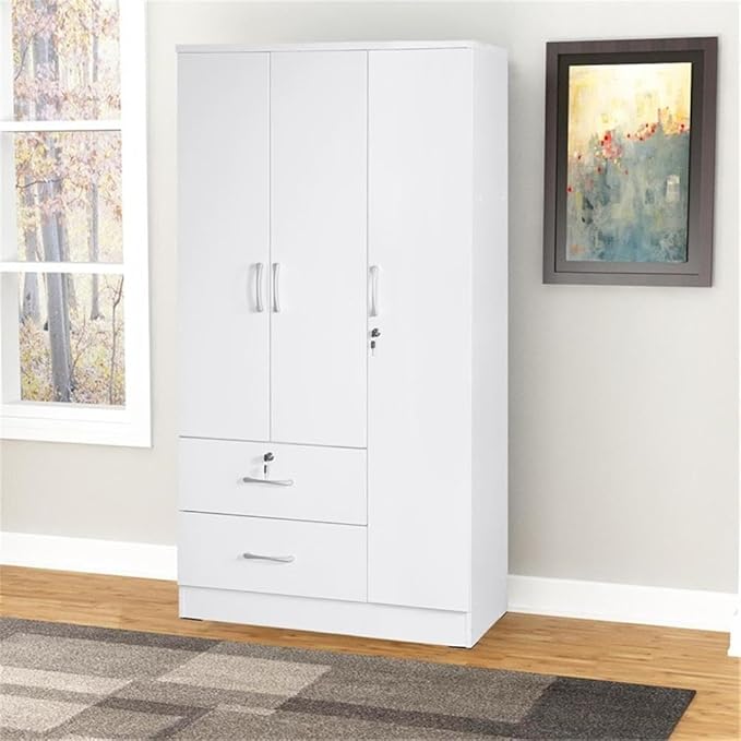 Pemberly Row Modern 2 Drawer Wooden Wardrobe Armoire Closet, White Finish, 72” H x 36” W x 20” D, Engineered Wood, Garment Rod, 3 Shelves, Silver Handles, Bedroom Storage Furniture