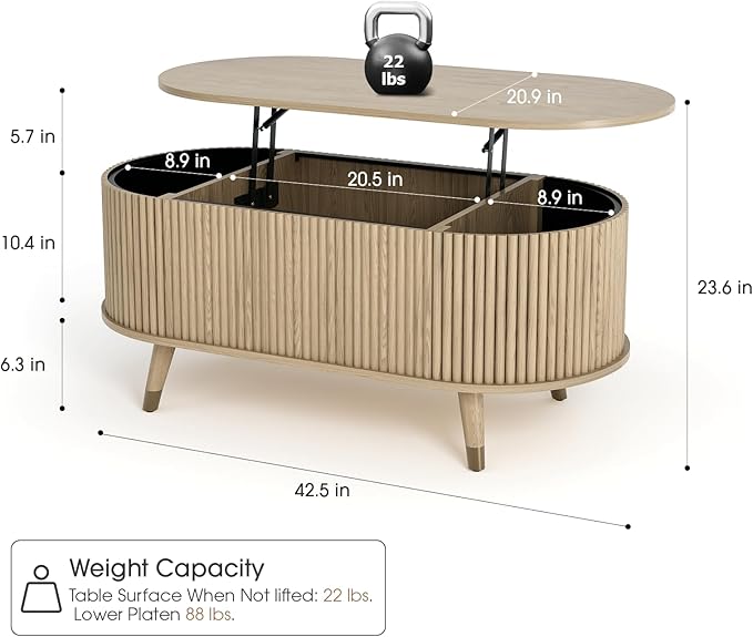 42.5" Oval Lift Top Coffee Table with Storage, Mid Century Modern Oak Center Table with Fluted Design, Solid Wood Legs & Hidden Compartment, Pop Up Cocktail Table for Living Room