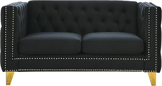 KEIKI Tufted Velvet 3+2 Seat Sofa Couch for Living Room, Buttons Tufted Square Arm Couch for Home Apartment, Black